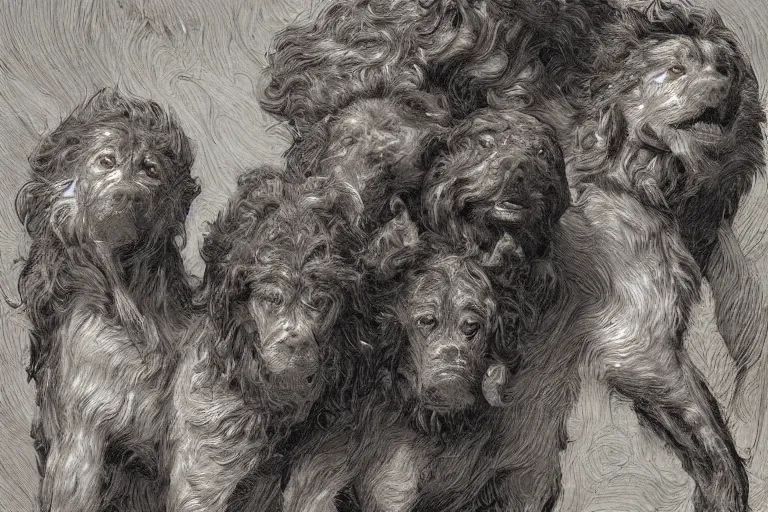 Image similar to cerberus hyperdetailed photo of a cerberus by ed binkley, ilya repin, alex horley, johfra bosschart, craig mullins, three head one body, cerberus, details