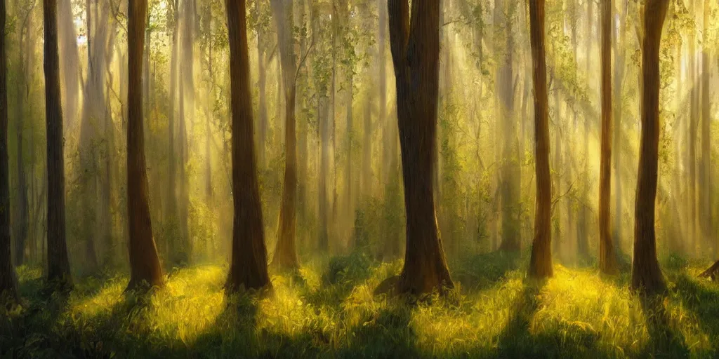 Image similar to An oil painting of an intensely beautiful forest in the morning with vertical trees; rays of light coming through the canopy; trending on artstation; extraordinary masterpiece!!!!!!