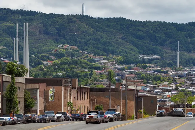 Prompt: looking down street, warehouses lining the street. hills background with trees and radio tower on top. telephoto lens compression.