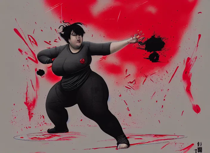 Image similar to duotone red gray illustration 3 / 4 portrait of fat woman fighting bruce lee style. dynamic chaotic composition random golden renaissance proportion. by takato yamamoto, sachin teng, sergei wheelsov, ruan jia and heng z. graffiti art, scifi, sci - fi, hyper detail. octane rendering. concept art. trend on artstation