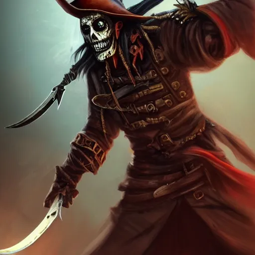 Prompt: Full body shot of undead pirate captain wielding a sandstone rapier and sandstone dagger, weapons made of sandstone. Wearing a hat with an impressive feather and with a brutal scar across his neck. Dark magic, necromancy, dark lighting, flux. High fantasy, digital painting, HD, 4k, detailed by Ruan Jia