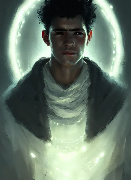 Image similar to portrait of an ancient traveller, a rough young man with black hair, intricate, elegant, glowing lights, highly detailed, digital painting, artstation, concept art, smooth, sharp focus, art by wlop, mars ravelo and greg rutkowski