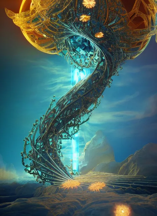 Image similar to flowers within the whole infinite capsule apparent with awe the apparition, an idea seep's into infinity highly detailed in volumetric latent space, golden turquoise steampunk, high contrast cinematic light, mystical shadows, sharp focus, divine realm of gods, octane render, artist by boris vallejo,