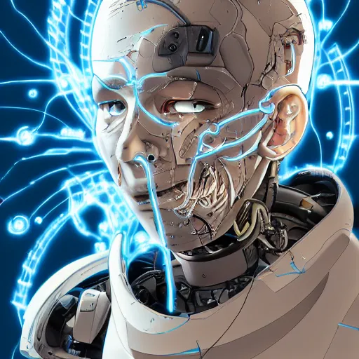 Image similar to Male cyborg, battle-damaged, scarred, wearing facemask, youthful face, neutral expression, blue eyes, neutral background, headshot, sci-fi, wires, cables, gadgets, Digital art, detailed, anime, artist Katsuhiro Otomo