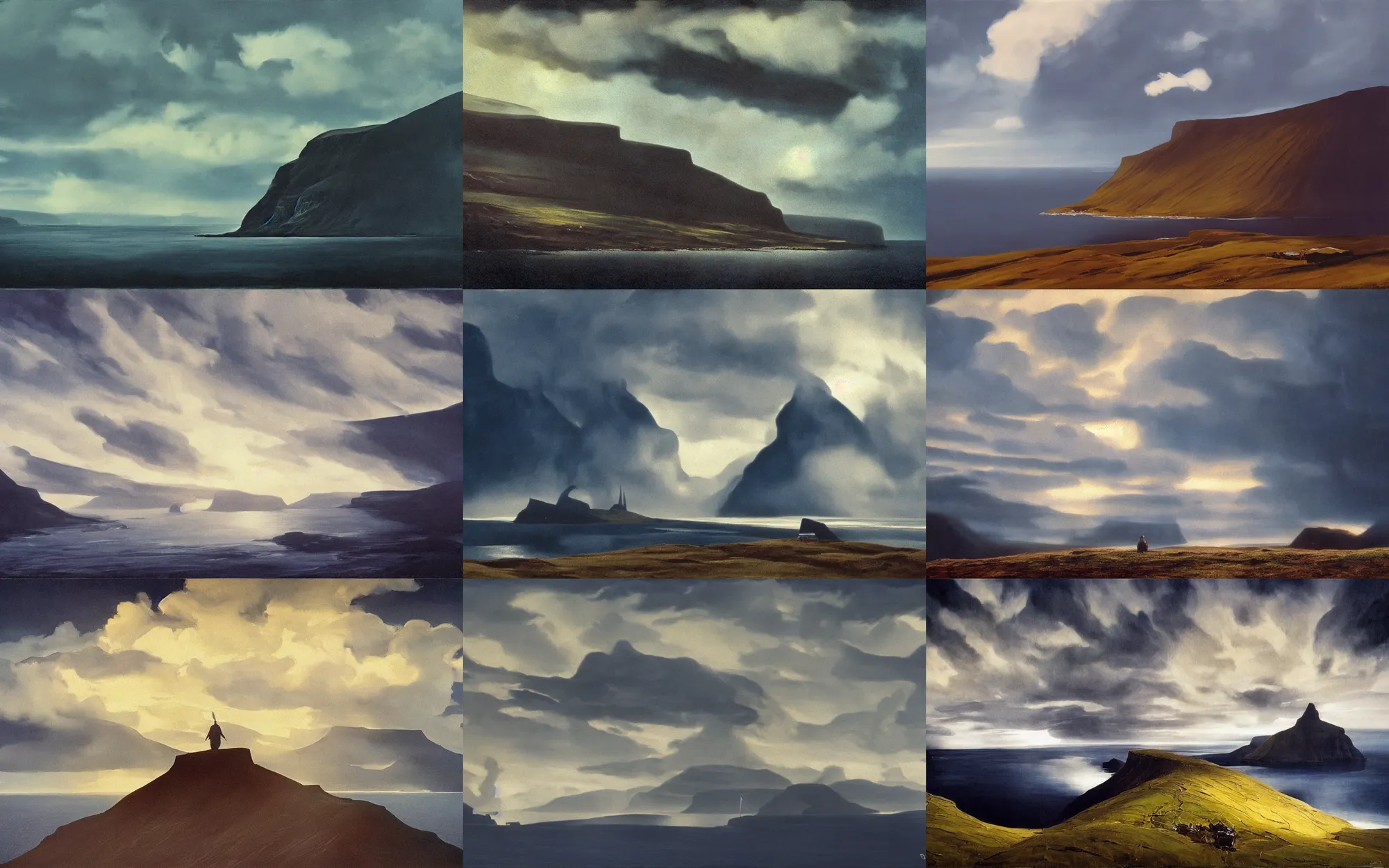 Prompt: epic composition, faroe island, cost, clouds, shot from danis villeneuve movie, roger deakins filming, nightfall, painting in the style of ed mell and william turner