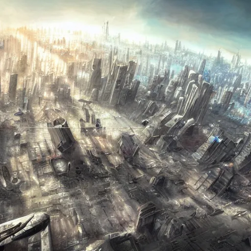 Prompt: highly detailed jets flying over a destroyed futuristic city, award-winning art, digital art, highly detailed, 4k