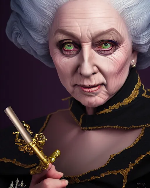 Prompt: Elisabeth II as an evil witch with magic wand, highly detailed face, realistic face, beautiful detailed eyes, fantasy art, in the style of artgerm, illustration, epic, fantasy, intricate, hyper detailed, artstation, concept art, smooth, sharp focus, ray tracing, vibrant, photorealistic