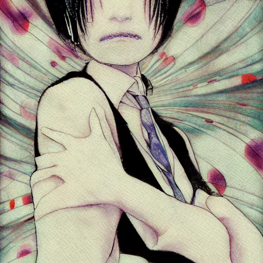 Prompt: yoshitaka amano blurred and dreamy realistic illustration of a woman with black eyes and white hair wearing dress suit with tie, junji ito abstract patterns in the background, satoshi kon anime, noisy film grain effect, highly detailed, renaissance oil painting, weird portrait angle, blurred lost edges, three quarter view