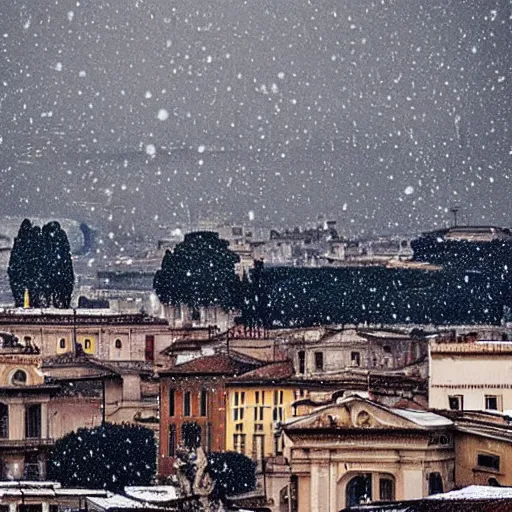 Prompt: The city of Rome under the snow on August. Although it's summer, it's snowing everywhere on the entire cityscape of Rome