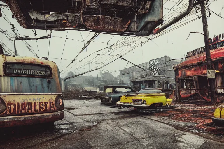 Prompt: low wide angle shot of dilapidated fallout 5, desolate, dilapidated neon signs, few rusted retro futuristic vintage parked vehicles like cars, ( ( ( buses, trucks, trams ) ) ), volumetric lighting, photorealistic, foggy, rain daytime, autumn, overcast weather, sharp focus, ultra detailed, 4 0 0 0 k