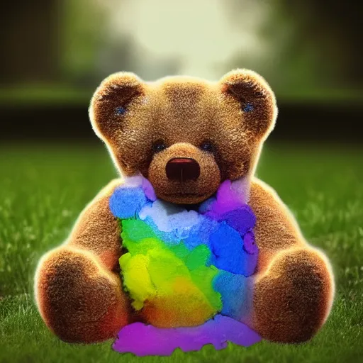 Image similar to teddy bear vomiting rainbow, photorealistic