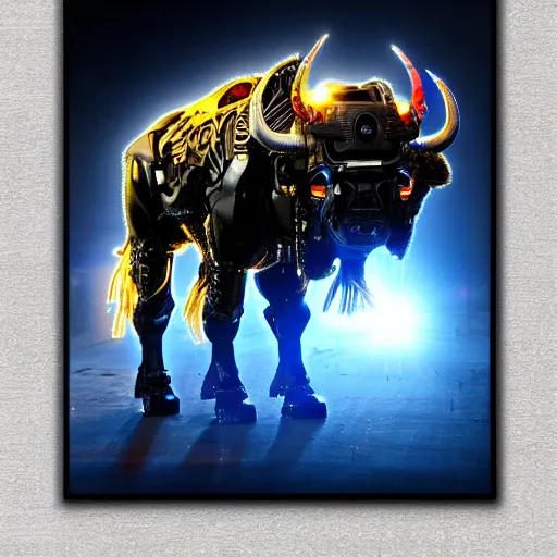 Image similar to a cybertronic bison, leds, high detail, sharp, studio, digital art