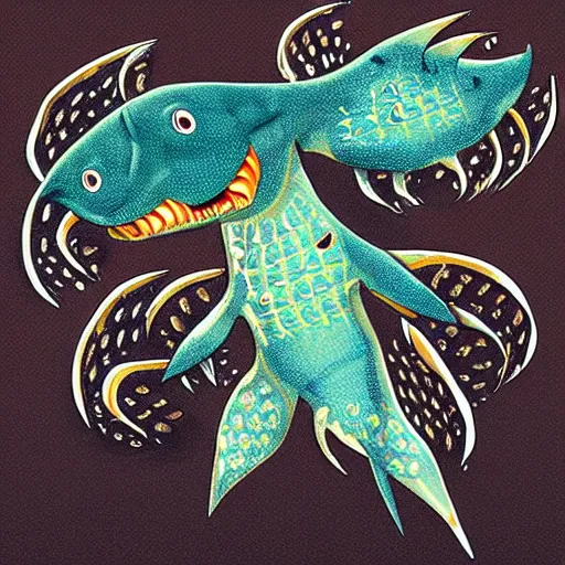 Image similar to A trypophobia fish with man hands for fins, fighting a seagull with human teeth and bat wings for feet, in the style of Tim Burton