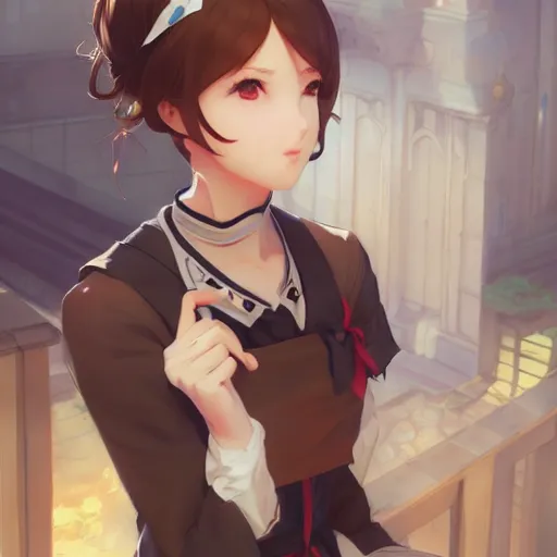 Image similar to a young woman in maid uniform by Stanley Artgerm Lau, WLOP, Rossdraws, Guweiz, James Jean, Andrei Riabovitchev, Marc Simonetti, and kyoani, krenz cushart, pixiv