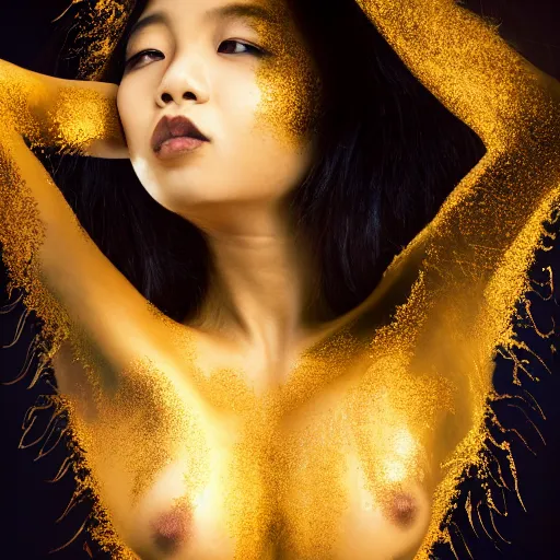 Prompt: asian girl, liquid golden and black fluid, magic hour, dramatic light, liquid painting, golden bodypaint, world best photography, indian patterns, bokeh, golden jewelry filigree