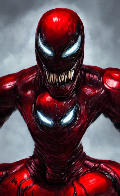 Image similar to venom in a venom inspired ironman suit, black and red, dynamic lighting, photorealistic fantasy concept art, trending on art station, stunning visuals, terrifying, creative, cinematic