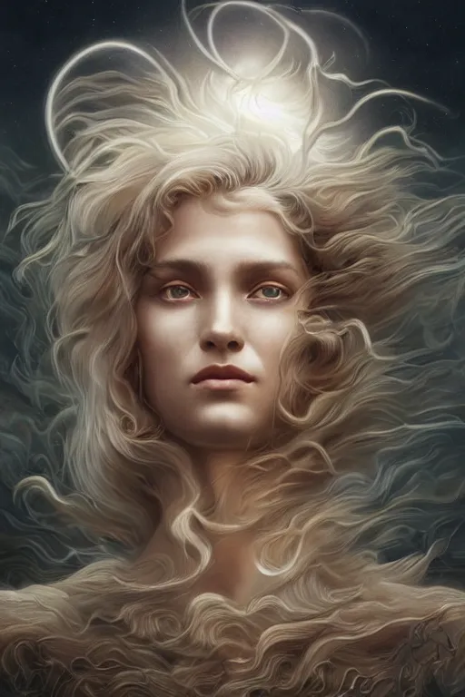 Prompt: wind blowing hair up!!! meditation trance! a celestial surreal creature, dreaming of the void, bust portrait, dnd, fantasy, intricate, elegant, highly detailed, digital painting, artstation, concept art, smooth, sharp focus, illustration, art by artgerm and tom bagshaw and greg rutkowski and alphonse mucha