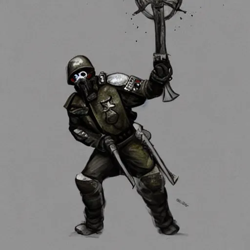 Image similar to an excited Death Korps of Kreig soldier wearing grey and wielding a shovel waving his arms in the air. Trending on Artstation