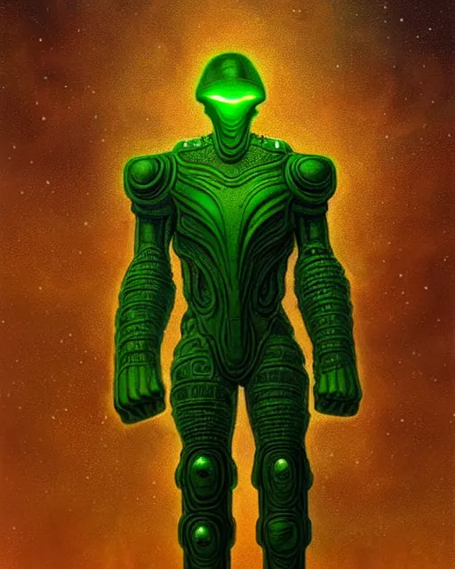 Prompt: portrait giant green humanoid with his fist up, brown armor, background ancient alien landscape, low angle, close up, concept art, intricate details, highly detailed, sci - fi poster, future, sci - fi art, in the style of chris foss, rodger dean, moebius, michael whelan, and gustave dore