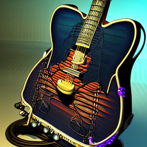 Image similar to guitar on a stand on a stage with a guitar amp, the guitar is futuristic steampunk style, textured with gears and tubes, 8 k, fluorescent colors, halluzinogenic, multicolored, exaggerated detailed, unreal engine - h 7 6 8