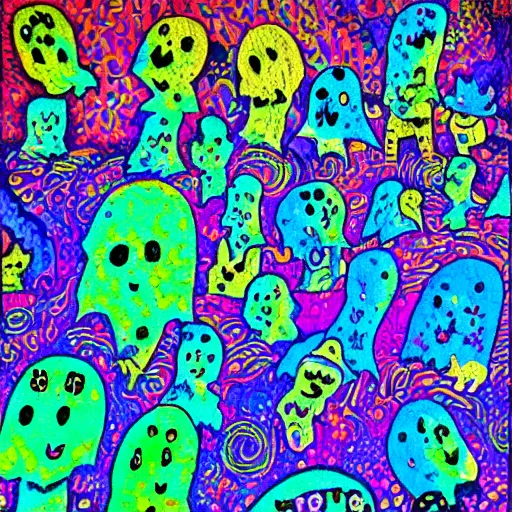 Image similar to ghosts having a fun night on the town, psychedelic colors, in a pointilliste style