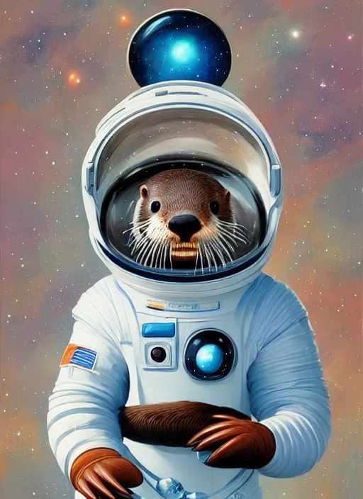 Image similar to a portrait of a cute otter in a space suit, galaxy, detailed, artstation, painting by rhads