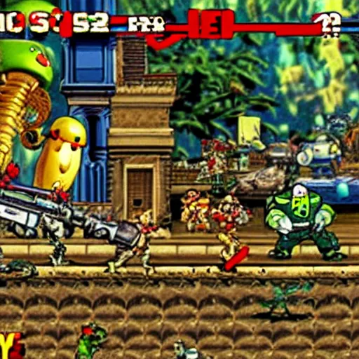 Image similar to gameplay still of metal slug game featuring toy story characters, by SNK for neo Geo arcade