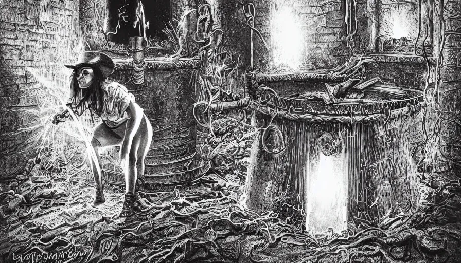 Prompt: witch climbing out of a well with a burning torch, intricate details, dramatic light, establishing shot