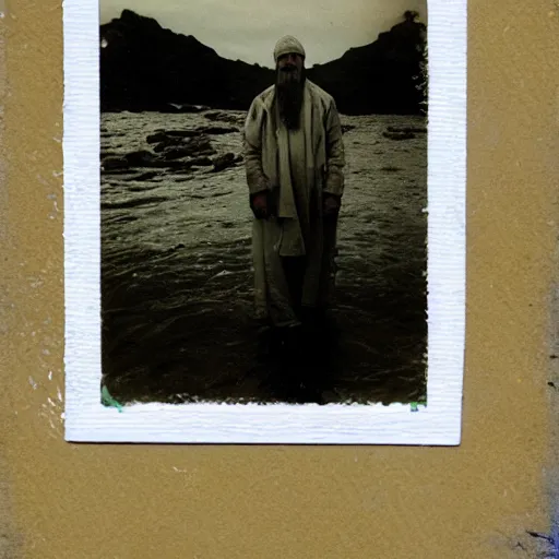 Image similar to Servant of Cthulhu on a sea shore, photography, polaroid