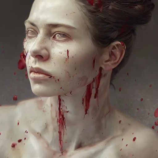 Image similar to portrait painting of a bloodied north russian female butcher, ultra realistic, concept art, intricate details, eerie, highly detailed, photorealistic, octane render, 8 k, unreal engine. art by artgerm and greg rutkowski and alphonse mucha