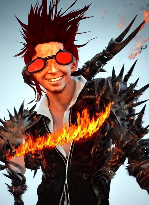 Image similar to An epic fantasy comic book style portrait painting of young man with red spiked long hair, using googles. Wearing a black waistcoat, white shirt. He is throwing a wild fire blast from his hands, with a vicious smile in face. Unreal 5, DAZ, hyperrealistic, octane render, cosplay, RPG portrait, dynamic lighting