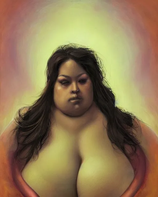 Prompt: waist - up portrait of a gorgeous woman, obese, muscular. oil on canvas, black oil bath, fantasy aesthetic. beautiful face!!! in the style of android jones, froud, heade, yoann lossel.