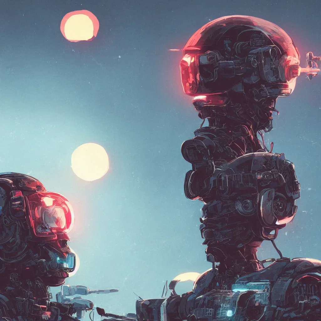 Prompt: in the style of max prentis and deathburger and laurie greasley a close up of a young explorer wearing a cyberpunk headpiece sitting on the head of a giant robot watching the sunset in the distance, highly detailed, 8 k wallpaper