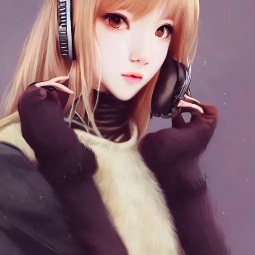 Image similar to realistic beautiful gorgeous natural cute Blackpink Lalisa Manoban blonde hair cute fur blonde cat ears wearing headphones wearing black leather choker in sweaters outfit golden eyes artwork drawn full HD 4K highest quality in artstyle by professional artists WLOP, Taejune Kim, Guweiz, ArtGerm on Artstation Pixiv