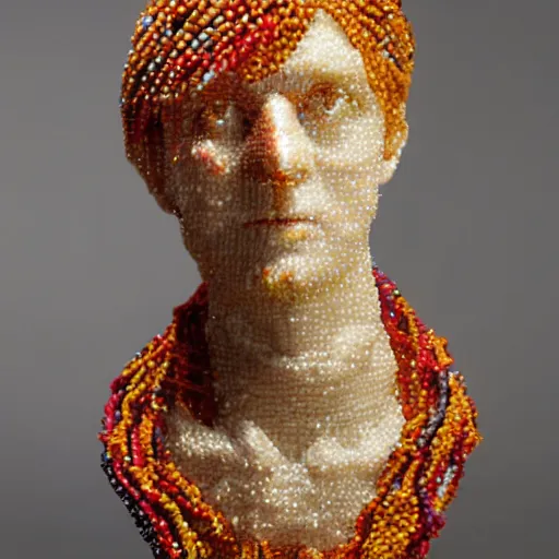 Image similar to A bust of an eccentric pop star made of beads and yarn studio lighting