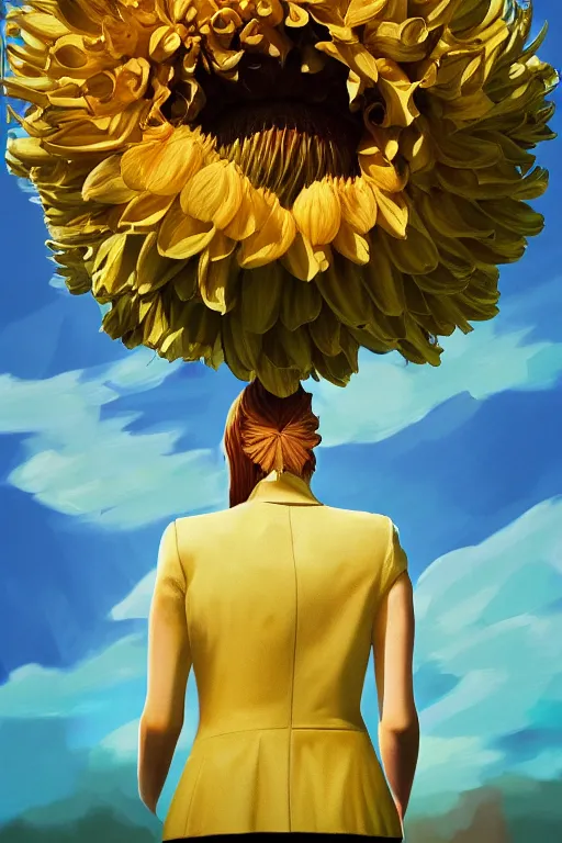 Image similar to closeup giant dahlia flower head, girl in a suit on a street, surreal photography, blue sky, sunrise, dramatic light, impressionist painting, digital painting, artstation, simon stalenhag