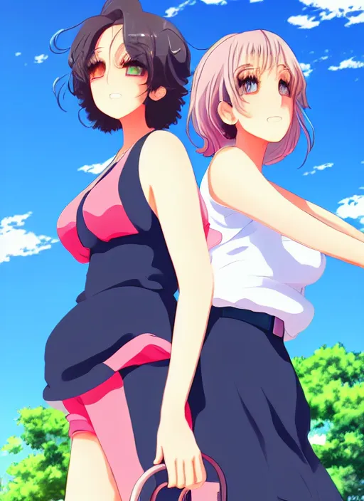 Image similar to two beautiful mature women under a blue sky, casual summer clothes, gorgeous faces, thick lines, cinematic lighting, detailed anime art