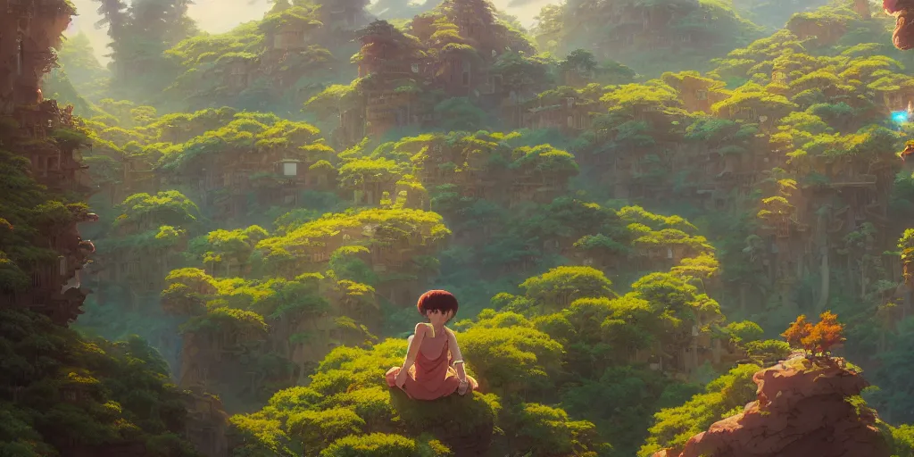 Image similar to highly detailed vfx panoramic landscape of studio ghibli, stephen bliss, unreal engine, greg rutkowski, loish, rhads, beeple, makoto shinkai and lois van baarle, ilya kuvshinov, rossdraws, tom bagshaw, alphonse mucha, global illumination, detailed and intricate environment