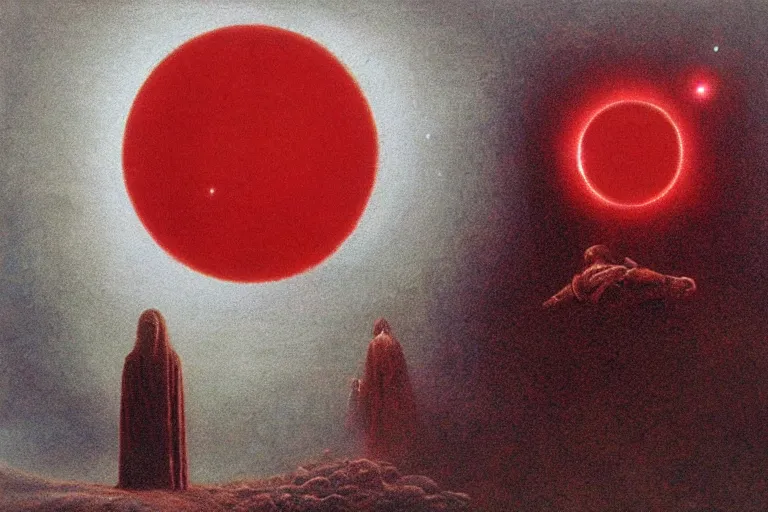 Image similar to people activate behelit in the middle of eclipse, human sacrifice , Old testament angel, dark sky, red cloud, sea of blood, beksinski