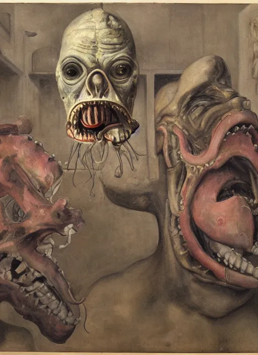 Image similar to a teratoma with crooked mouth and teeth on a plinth in the middle of amuseum room full of people watching in horror painted by hopper and giger