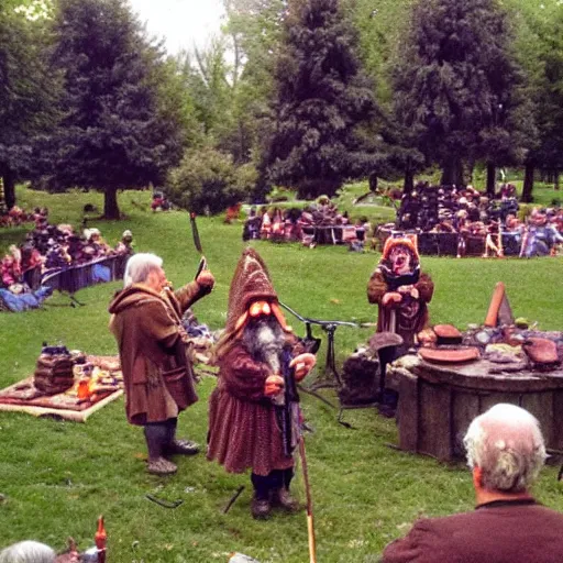 Image similar to a beatiful dwarven festival in 1994 in a fertile green park with surreal elven nature, a gnome rock band concert and dwarven BBQ