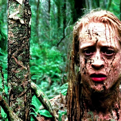 Image similar to cinematic still of macaulay culkin, covered in mud and watching a predator in a swamp in 1 9 8 7 movie predator, hd, 4 k