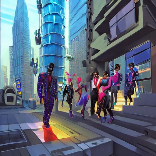 Image similar to swagger! futuristic living large in the city by tyler edlin, entourage struts down the sidewalk, bold colors, detailed, incredible lighting, great composition, artstation