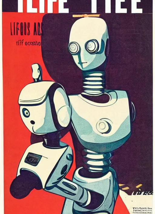 Prompt: a 1965 LIFE magazine cover, featuring a woman fighting a robot