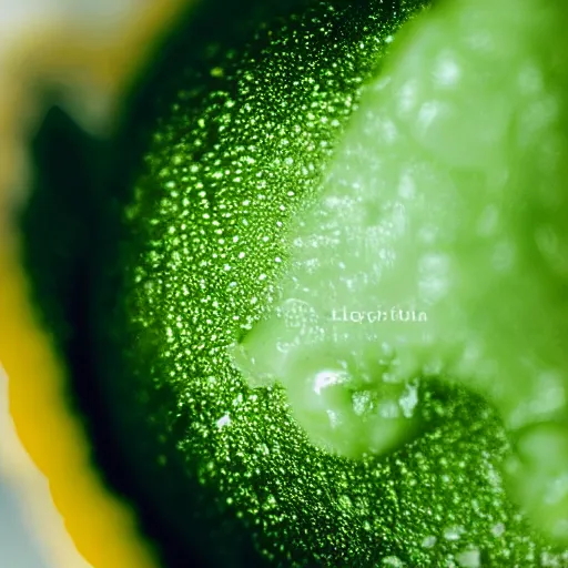 Prompt: close - up shot of a lemon covered in green goo, macro lens, depth of field, bokeh