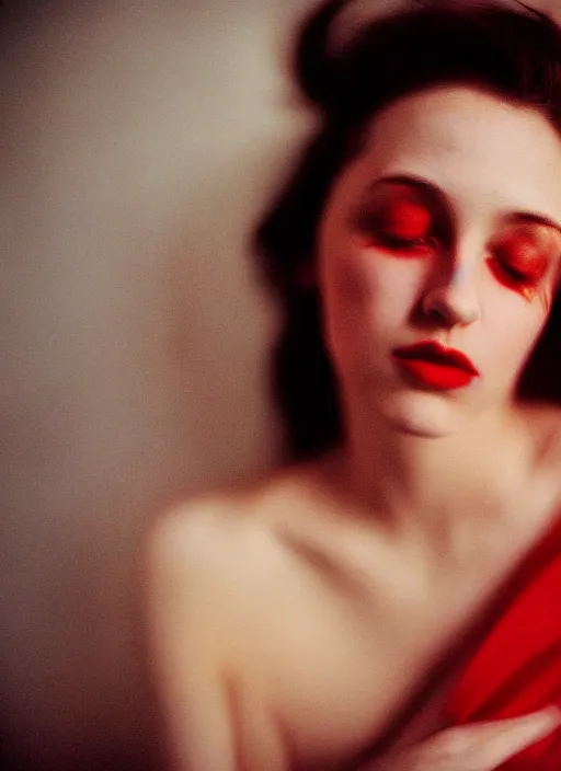 Image similar to extra close-up, color film photography, portrait of beautiful woman in red silk, in style of nan goldin, blue hour, 35mm, film photo