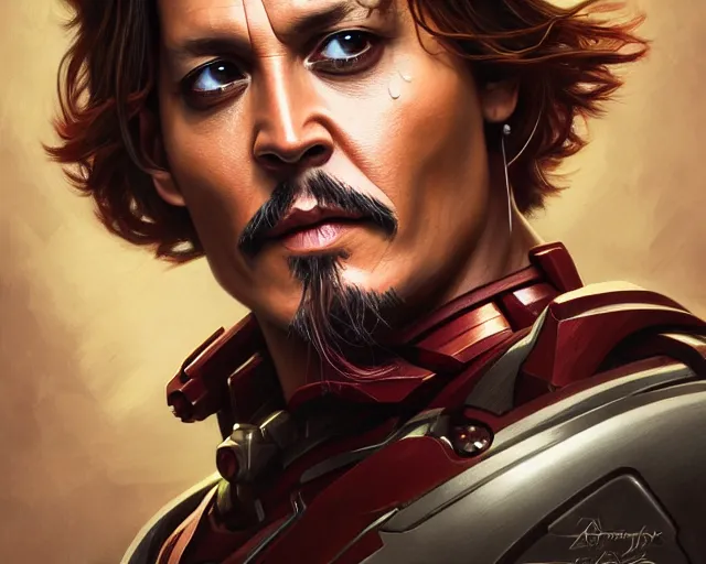 Image similar to photography of johnny depp as ironman, deep focus, d & d, fantasy, intricate, elegant, highly detailed, digital painting, artstation, concept art, matte, sharp focus, illustration, hearthstone, art by artgerm and greg rutkowski and alphonse mucha