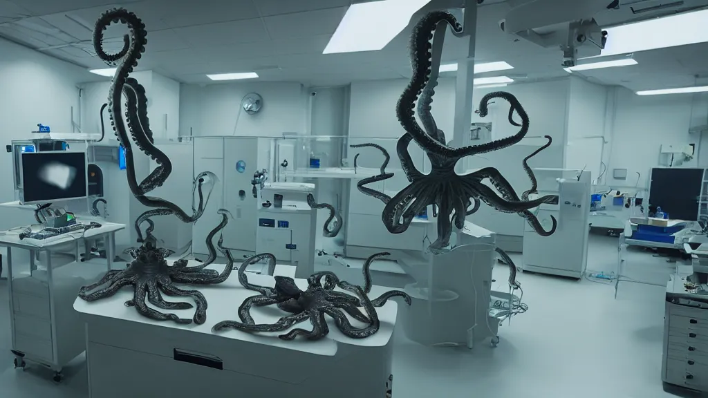 Prompt: a mri 3 d printer machine and control panels in the laboratory inspection room making mutant octopus forms, film still from the movie directed by denis villeneuve with art direction by salvador dali, wide lens