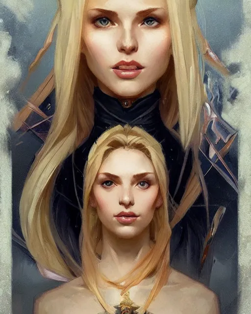 Image similar to '' Portrait of Beautiful blonde Slavic woman, league of legends, LOL, fantasy, d&d, digital painting, artstation, concept art, sharp focus, illustration, art by greg rutkowski and alphonse mucha ''