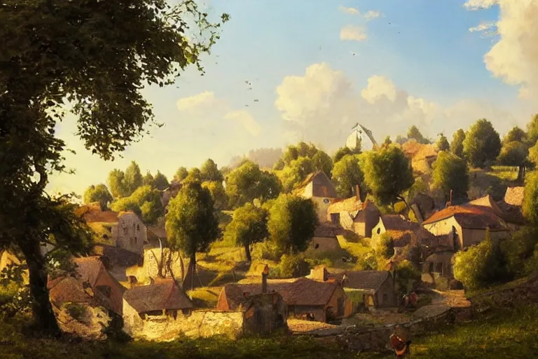 Prompt: a beautiful landscape of a tiny futuristic village in the french countryside during spring season, painting by lorenzo lanfranconi hd, nice spring afternoon lighting, smooth tiny details, soft and clear shadows, low contrast, perfect